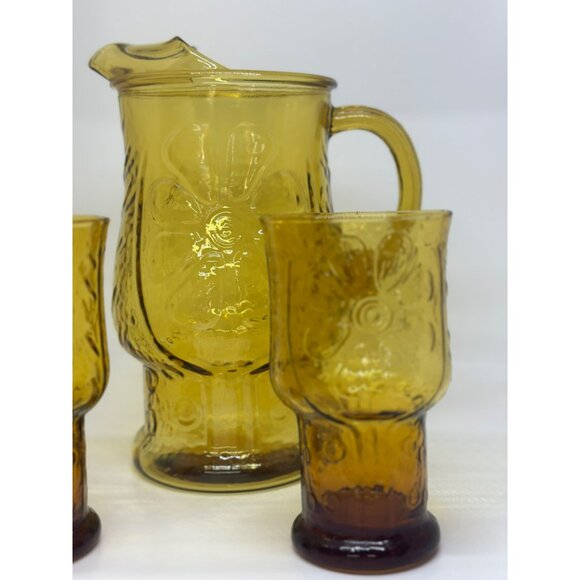 Vintage 1970's Libbey Country Garden Pitcher & 2 Drink Glasses Amber Decor - Picture 4 of 10